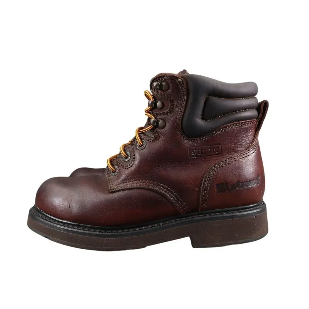 LaCrosse Shoes Mens 7.5 Work Boots Steel Toe Leather Mid Lace Up Slip Resistant